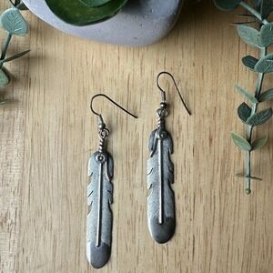 VTG Sam Kee Feather Dangle‎ Earrings 2.75" Navajo Signed SK Sterling Silver 6.9g